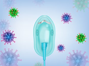 Oxygen mask covid realistic composition with images of colorful coronavirus bacteria and face mask with pipe vector illustration. Oxygen Mask Virus Composition