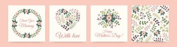 Set of floral Square backgrounds for Mother’s Day with text. Happy holiday wishes with hand drawn flowers, heart, wreath and pattern on greeting Cards. Spring templates for posts, posters or postcard.. Set of floral Square backgrounds for Mother’s Day with text. Happy holiday wishes with hand drawn flowers, heart, wreath and pattern on greeting Cards. Spring templates for posts, posters or postcard