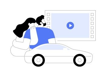 Drive-in cinema isolated cartoon vector illustrations. Young couple watching movie on large screen sitting in a car, grand events, people urban lifestyle, large audience vector cartoon.. Drive-in cinema isolated cartoon vector illustrations.