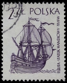 POLAND, circa 1960 - fleuta (fluit) commercial Dutch sail ship with three masts used seventeenth century, vintage canceled post stamp