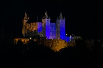 Santa Maria da Feira castle at night with artificial purple and yellow lights.