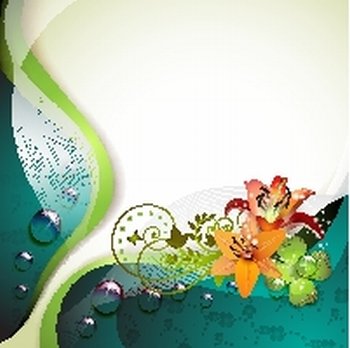 Background with lilies, clover and drops of water 