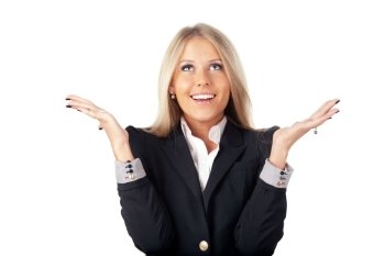 Portrait of surprised young businesswoman over white background