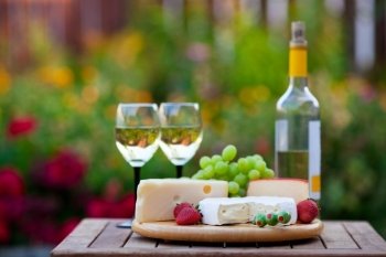 A wine & cheese garden party for two.  Shallow depth of field.