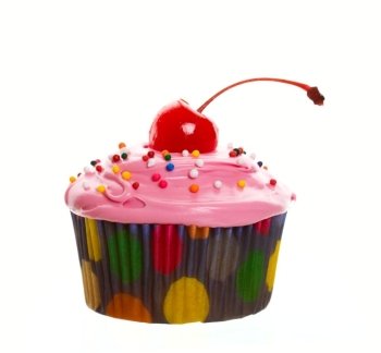Delectable pink cupcake topped with a cherry and multi-colored sprinkles.  Shot on white background.