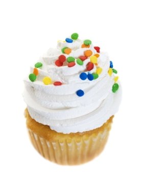 A single cupcake heaped with icing and colorful candy sprinkles.  Shot on white background.
