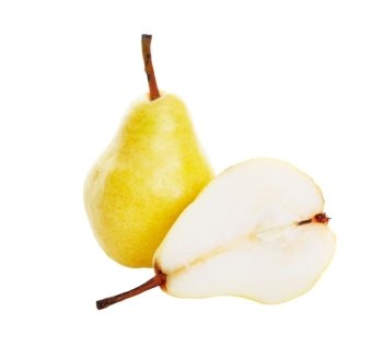 A juicy, ripe, yellow pear and a half.  Shot on white background.
