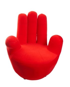 A red chair in the shape of a hand.  Shot on white background.