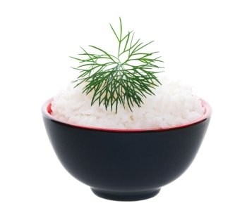 A simple bowl of rice delicately garnished with a feathery sprig of dill.  Shot on white background.