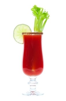 Caesar made with vodka and clamato, served in a spicy rimmed glass with fresh celery and a lime garnish.  Shot on white background.