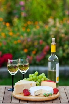 A romantic garden party for two, with white wine and an assortment of fruits and cheeses.  Shallow depth of field.