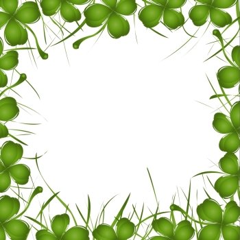 Frame with four leaves clover and grass over white background
