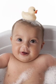  Baby girl in a bathtub with a plastic toy duck on her head