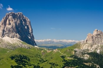 Sella pass with Sassolungo mountain, Italian Dolomites