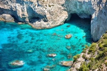 Panoramic view of Kryfo beach and caves in Keri, Zakynthos, Greece.