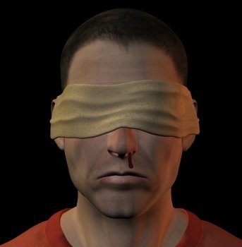 Tortured blindfolded man with bleeding nose. 3d illustration.