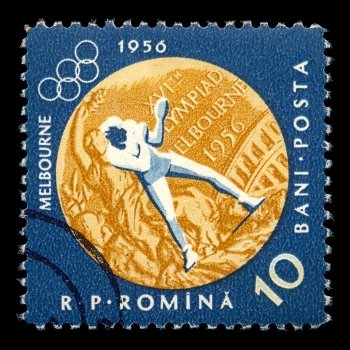 ROMANIA - CIRCA 1956. Vintage postage stamp printed by the Romanian Post for the 1956 Melbourne Summer Olympics with boxing sports illustration, circa 1956.