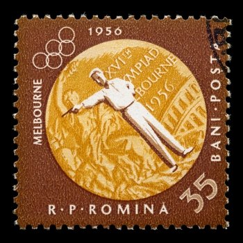 ROMANIA - CIRCA 1956. Vintage postage stamp printed by the Romanian Post for the 1956 Melbourne Summer Olympics with shooting sports illustration, circa 1956.