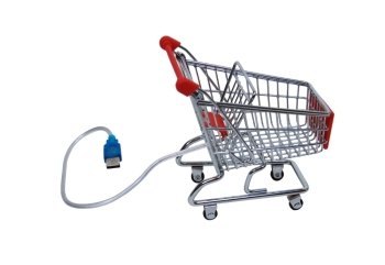 USB cable used to plug various items into a computer for power, storage, or convenience attached to a shopping cart-Path included