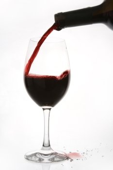 Red wine being poured into a wine glass too fast