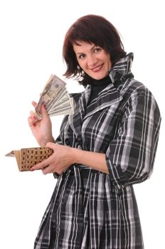 The woman holds in hands a purse and money isolated on white background