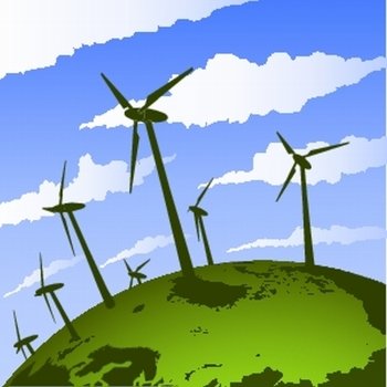 eco wind mills on green earth and blue sky
