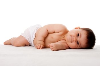 Beautiful cute peaceful tired happy baby laying on side, isolated.
