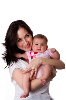 Happy Caucasian Hispanic family mother holding cute baby daughter,  isolated.