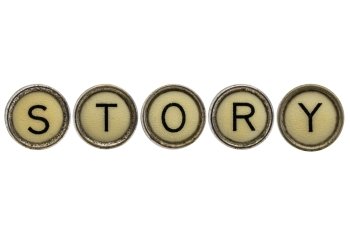 story word in old round typewriter keys isolated on white
