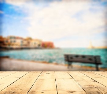 Perspective view from the wooden floor of the Mediterranean Sea in Chania, Crete, Greece.
