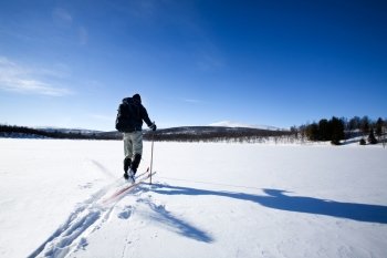 A cross country skiier skiing off trail back country; 