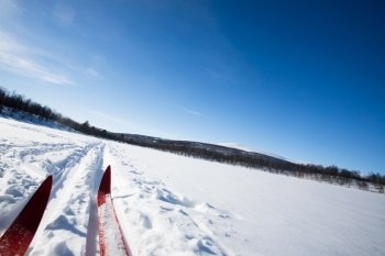 A cross country skiier skiing off trail back country