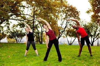 A group of people stretching in a park