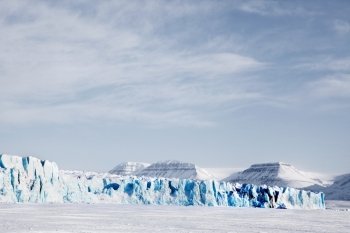 A glacier landscape during winter on the island of Spitsbergen, Svalbard, Norway