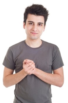 young casual man with shyness expression starting to get comfortable (isolated on white background)