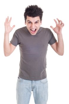very angry casual man screaming and gesturing isolated on white background