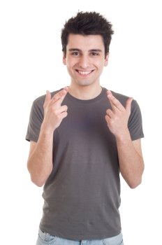 smiling casual man with crossed fingers isolated on white background