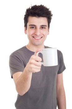 smiling casual man holding coffee/tea mug (isolated on white background)