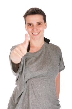 smiling casual woman with thumb up gesture, isolated on white background