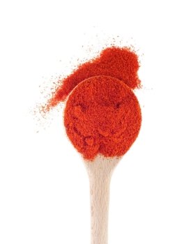 paprika spice on a wooden spoon, isolated on white background