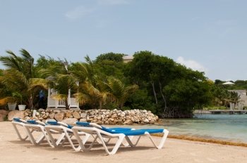 beach chairs on a tropical beach resort in Antigua (blue sky)