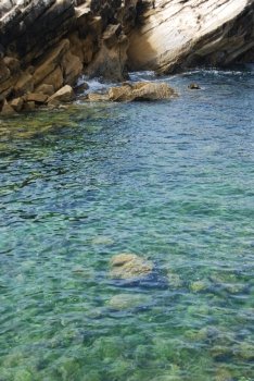 beautiful green seascape between huge rocks