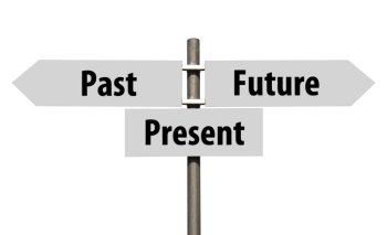 conceptual picture of a signpost with past, present and future isolated on white background (all signs cleaned on grey)    