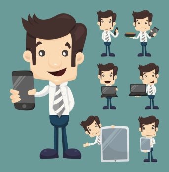 Set of businessman show tablet and smart phone characters poses , eps10 vector format