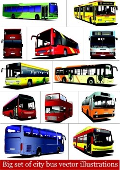 Big set of City buses. Tourist coach. Vector illustration for designers