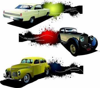Three banners with old car. Vector illustration