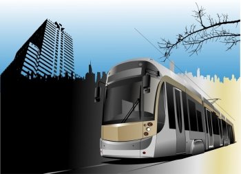 City panorama with tram car. Vector illustration