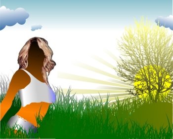 Country sunrise with girl image. Vector illustration