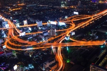 Cityscape night and traffic car lighting, Bangkok bird eye view