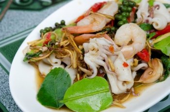 close up  stir fried   squid  and shrimp  with mix herbs